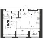 Планировка 2-комнатной квартиры, 59 м2