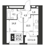 Планировка 1-комнатной квартиры, 37,6 м2