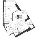 Планировка 2-комнатной квартиры, 72 м2