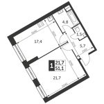 Планировка 1-комнатной квартиры, 51,1 м2