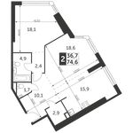 Планировка 2-комнатной квартиры, 74,6 м2