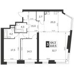 Планировка 3-комнатной квартиры, 110,5 м2