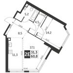 Планировка 2-комнатной квартиры, 60,8 м2