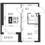 Планировка 1-комнатной квартиры, 36,7 м2
