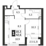 Планировка 1-комнатной квартиры, 42,6 м2