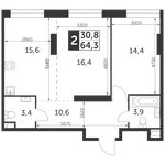 Планировка 2-комнатной квартиры, 64,3 м2
