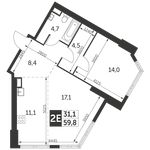 Планировка 2-комнатной квартиры, 59,8 м2