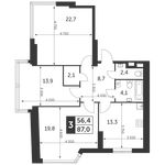 Планировка 3-комнатной квартиры, 87 м2