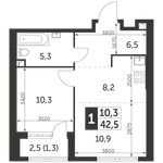 Планировка 1-комнатной квартиры, 42,5 м2