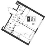 Планировка 1-комнатной квартиры, 46 м2