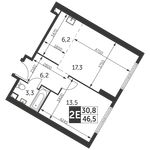 Планировка 2-комнатной квартиры, 46,5 м2
