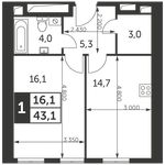 Планировка 1-комнатной квартиры, 43,1 м2