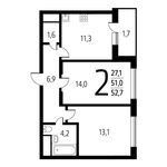 Планировка 2-комнатной квартиры, 52,73 м2