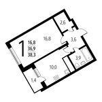 Планировка 1-комнатной квартиры, 38,32 м2