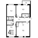 Планировка 4-комнатной квартиры, 92,78 м2