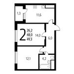 Планировка 2-комнатной квартиры, 49,28 м2