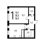 Планировка 1-комнатной квартиры, 36,25 м2