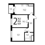 Планировка 2-комнатной квартиры, 50,91 м2