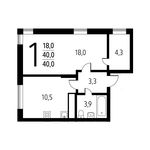 Планировка 1-комнатной квартиры, 40,01 м2