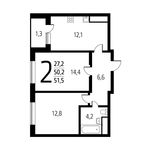 Планировка 2-комнатной квартиры, 51,52 м2