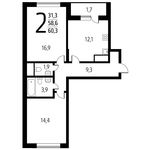 Планировка 2-комнатной квартиры, 60,31 м2