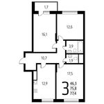 Планировка 3-комнатной квартиры, 77,43 м2