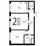 Планировка 2-комнатной квартиры, 55,49 м2