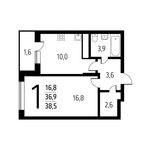 Планировка 1-комнатной квартиры, 38,45 м2