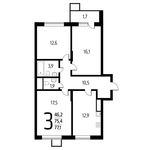 Планировка 3-комнатной квартиры, 77,1 м2