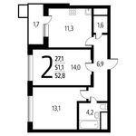 Планировка 2-комнатной квартиры, 52,8 м2