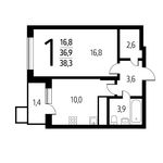 Планировка 1-комнатной квартиры, 38,3 м2