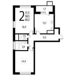 Планировка 2-комнатной квартиры, 60,2 м2