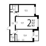 Планировка 2-комнатной квартиры, 56,09 м2