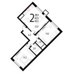 Планировка 2-комнатной квартиры, 62,5 м2