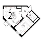 Планировка 2-комнатной квартиры, 43,4 м2