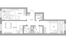 Планировка  2-комнатной квартиры, 66 м2