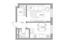 Планировка  1-комнатной квартиры, 38 м2