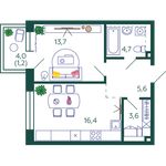 Планировка 1-комнатной квартиры, 45,2 м2