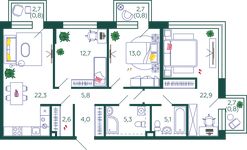 Планировка 3-комнатной квартиры, 96,1 м2