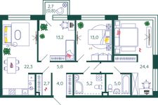 Планировка 3-комнатной квартиры, 96,4 м2
