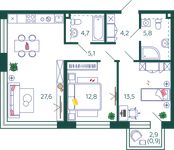 Планировка 2-комнатной квартиры, 74,6 м2