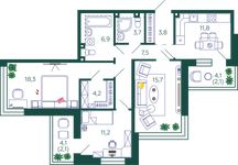 Планировка 3-комнатной квартиры, 87,3 м2