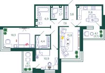 Планировка 3-комнатной квартиры, 87,4 м2