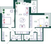 Планировка 2-комнатной квартиры, 85,1 м2