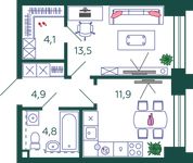 Планировка 1-комнатной квартиры, 39,2 м2