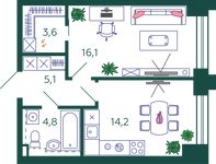 Планировка 1-комнатной квартиры, 43,8 м2