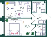 Планировка 1-комнатной квартиры, 43,2 м2