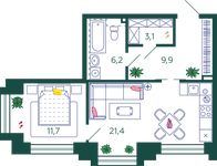 Планировка 1-комнатной квартиры, 52,3 м2