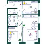 Планировка 2-комнатной квартиры, 58,4 м2