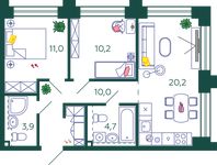 Планировка 2-комнатной квартиры, 60 м2